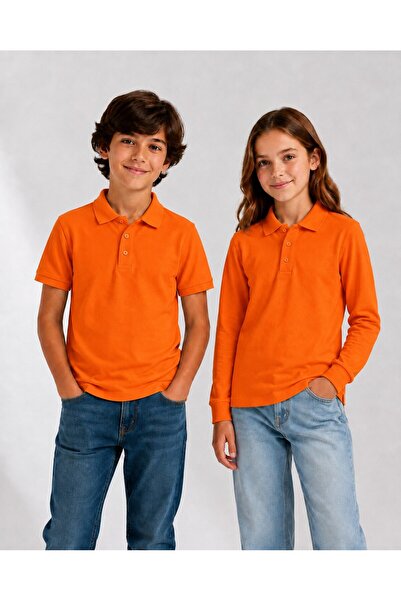 The Clover Girls & Boys Unisex Orange 100% Cotton Polo Collar Long and Short ...