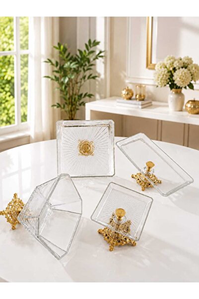 Buldem 4-Piece Glass Presentation Set with Gold Feet, Luxurious Footed Servin...