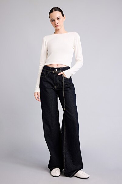 DeFacto Lace Belted Straight Wide High Waist Jean Trousers I1922Ax26Au