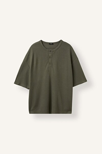 DeFacto Slim Fit Waffle Textured Henley Collar Short Sleeve Basic T-Shirt I58...