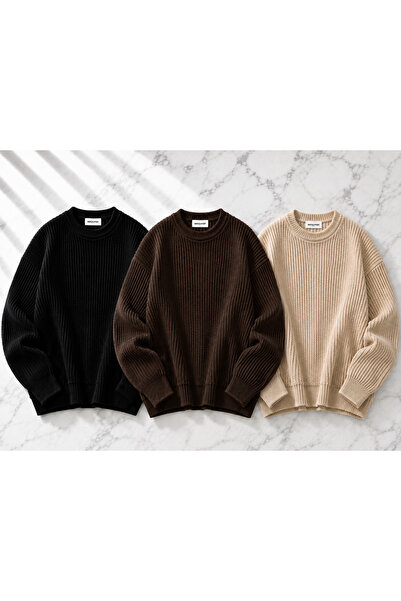 DepoExport Women's 3-Piece Crew Neck Oversize Knitwear Sweater Soft Knitted S...