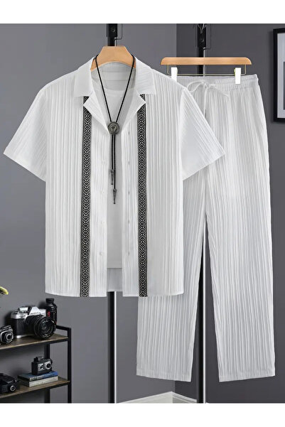 Take Two By Styli Men Plus Size Patterned Panel Shirt and Pants Co-ord Set