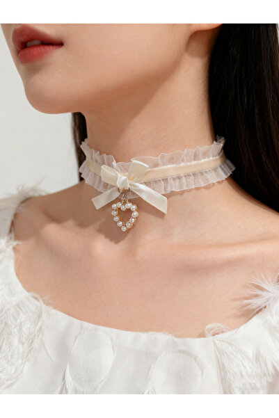 Take Two By Styli Bow Lace Faux Pearl Heart Choker Necklace