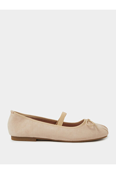 Styli Beige Bow Detail Suede Ballerina Flats