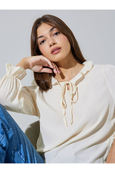 Styli Beige Solid Long Sleeve Ruffle Blouse with Tie-Neck