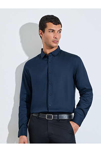 Styli Navy Blue Solid Textured Regular Fit Shirt