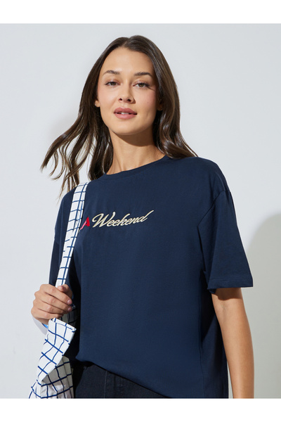Styli Navy Blue Embroidered Slogan Oversized T-Shirt