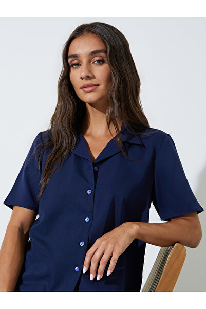 Styli Navy Blue Cuban Collar Short Sleeve Relaxed Fit Shirt