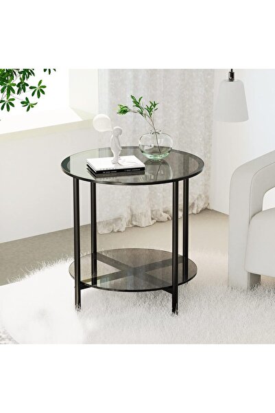WISFOR Tempered Glass Round Two-Tier Side Table with Metal Frame for Living R...