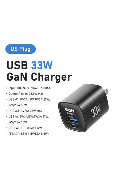 Choice US Plug 33W GaN USB Type C Charger Portable Dual Ports PD PPS Fast Cha...