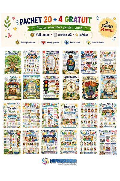 hiperborea Pachet 20+4 (GRATUIT) Planșe Educative A3 – 24 Postere pentru Clas...