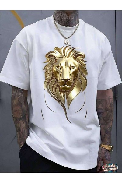 23ERVA Men's Plus Size White T-Shirt, Golden Lion Head Graphic Print, Loose F...