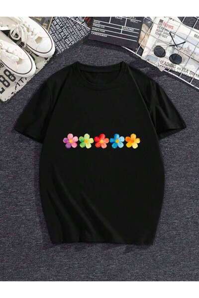 4CR Women's Streetwear Colorful Floral Graphic T-Shirt, Loose Fit Crew Neck S...