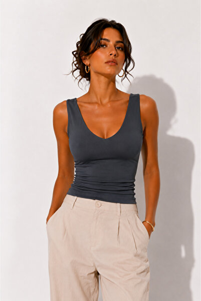 modavingo Women's Anthracite Front and Back Double Layer V-Neck Soft Touch At...