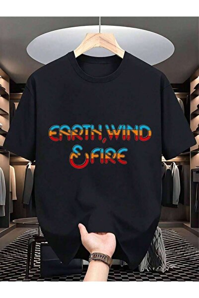 kai22 Energetic 'EARTH, WIND & FIRE' Pattern Black T-Shirt - Fashionable Casu...