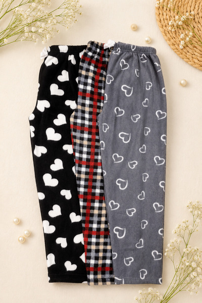 Pi Giyim Women's winter fleece pajama bottoms - red plaid, black & grey heart...
