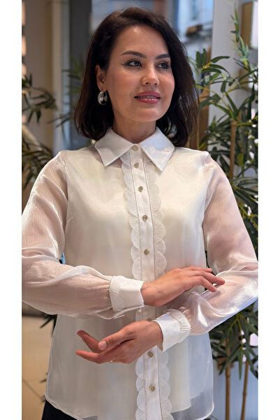 DAWN LİNE 2 Pieces Women's Light Shiny Sparkle Shirt Blouse Set with Ruffle Detail |   Long Shirt Long Sleeve Blouse
