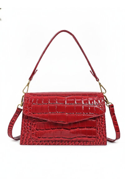MILANO COLLECTION Geantă damă mică tip plic, piele ecologică lăcuită croco, c...