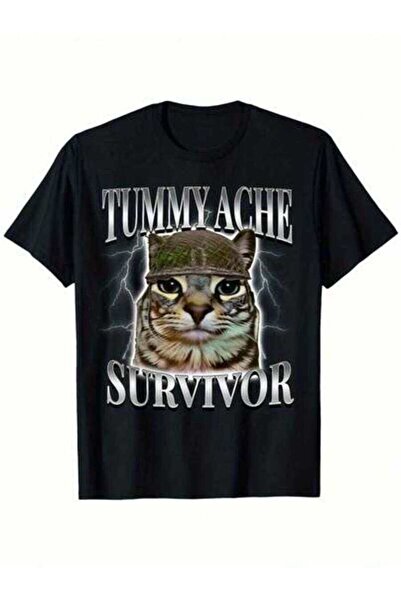 23ERVA Funny Cat Meme Tummy Ache Survivor Sarcastic Humor T-Shirt Men & Women...