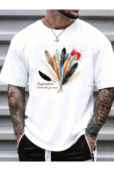 4CR Men'S T Shirts Crew Neck Feathers Colorful Watercolor Art Design Commute ...