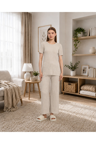 MEBA Women's Seasonal Short Sleeve Thin Fabric Ribbed Suit