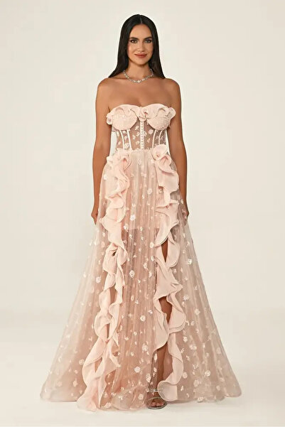 allura Powder Salmon Strapless Sheer Corset Floral Embroidered Evening Gown - 38