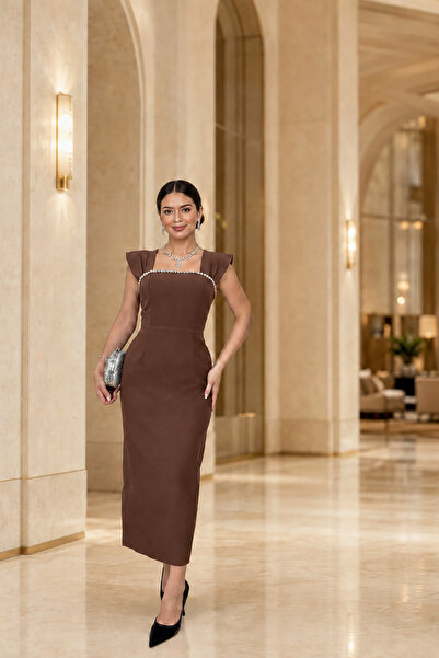 Deafox Brown Stone Detail Thick Strap Square Neck Slit Crepe Fabric Dress