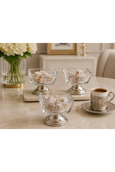 Aslı Hediyelik 3-Piece Silver Mini Square Glass Turkish Delight Bowl with Foo...