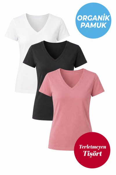 UNIQVIBE 3-Pack Organic Cotton Women's Short Sleeve V-Neck T-Shirt (White - B...