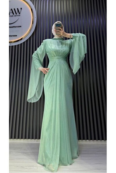 waw tesettür Cindirella Simli Drape Detaylı Tesettür Abiye Elbise