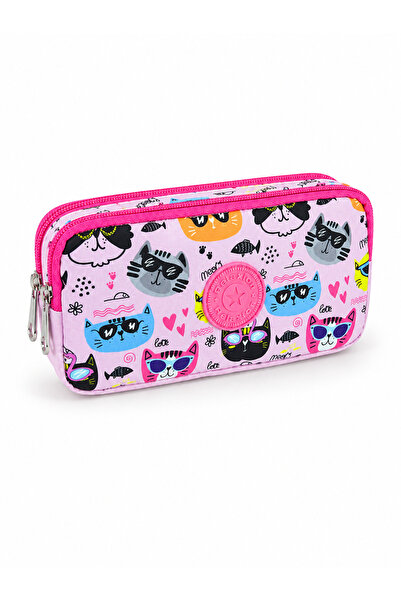 Mevo Cat Patterned Zippered Multi-Compartment Pink Colored Pen Holder