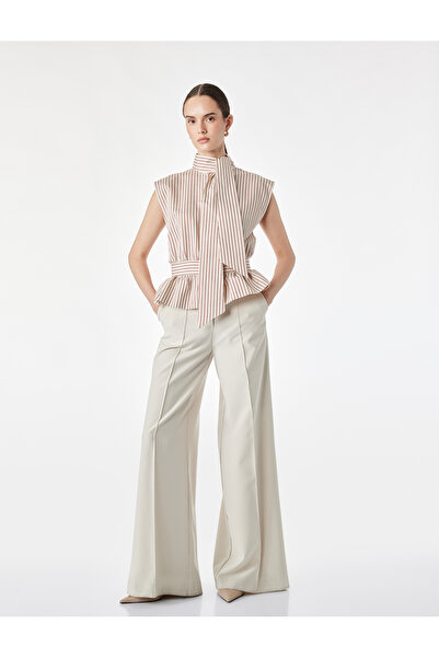 Koton Peplum Cut Sleeveless Striped Tie Detailed Stand Collar Shirt