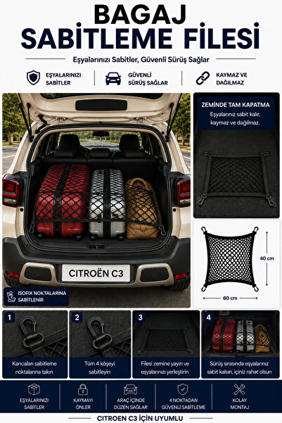 BEKSİT DRIVE Bagaj Sabitleme Filesi Citroen C3 Uyumlu(40x60)