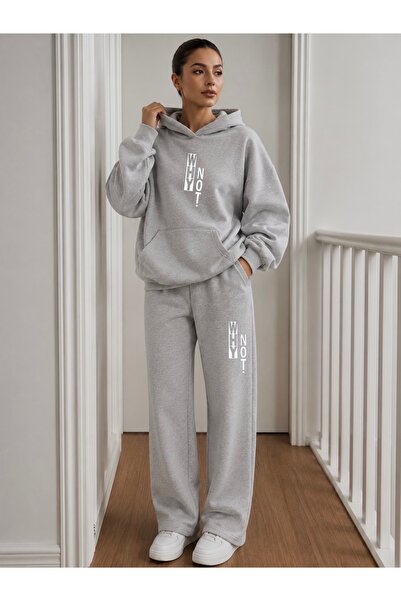 FUFLUNS Why Not Printed Men's Hooded Tracksuit Set with Piped Trim Bottom/Upper