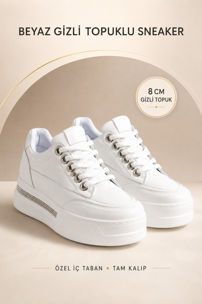 Erdem Store Women's White Sneaker Hidden Heel 8 cm Skin Sports Shoes Special ...
