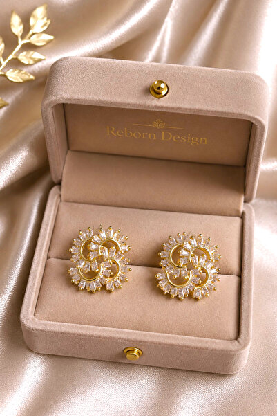 REBORN DESIGN Brass Gold Color Zircon Stone Clover Model Earrings