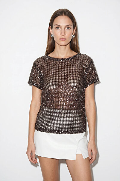 Efnaz style Women's Sequin Detailed Mesh Bitter Brown Blouse