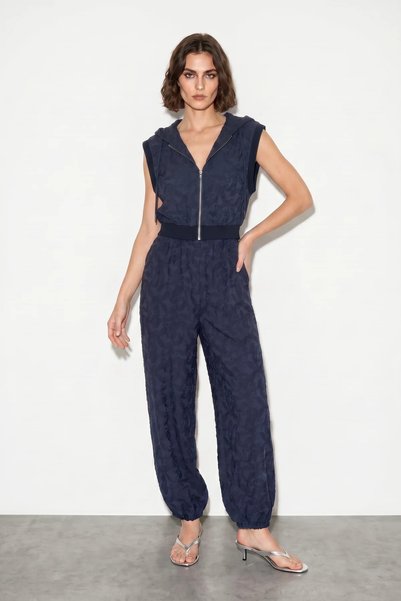 Generic Brand Set de pantaloni de damă cu model jacquard, cu glugă și buzunare, în culoarea bleumarin