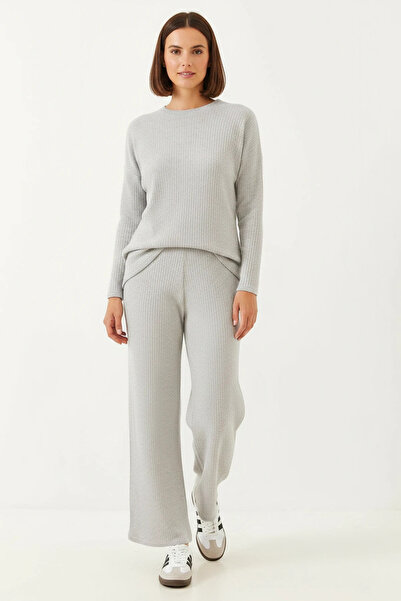 Şeker Portakalım Women's Crew Neck Basic Gray Top and Bottom Set