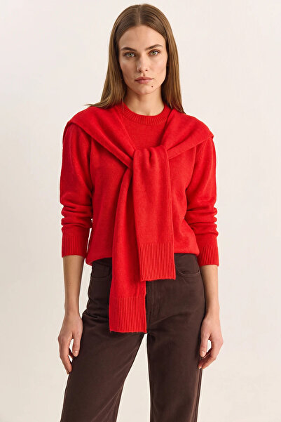 Efnaz style Women's Crew Neck Knitwear Red Sweater with Scarf Accessories