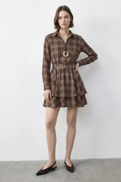 Şeker Portakalım Women's Plaid Patterned Buttoned Waist Elastic Belted Mini B...