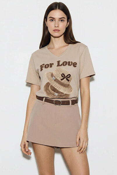 Şeker Portakalım Women's V-Neck for Love Embroidery and Beading Oversized T-S...