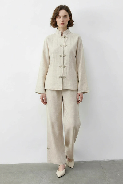 Şeker Portakalım Women's Natural Textured Button Detailed Shirt Loose Cream P...