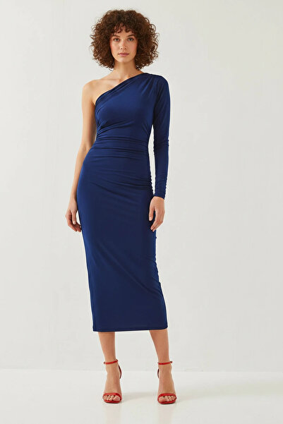 Efnaz style Women's One-Shoulder Gathered Long Navy Blue Dress