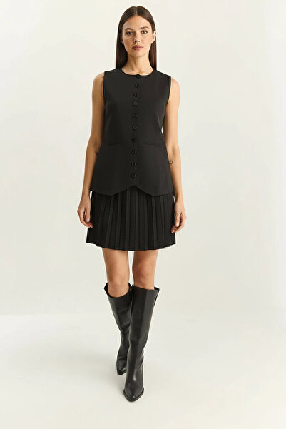 Generic Brand Women's Crew Neck Buttoned Knitwear Pleated Mini Black Skirt Bo...