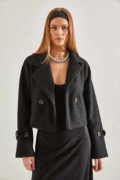 Efnaz style Women's Double-Breasted Boucle Black Jacket