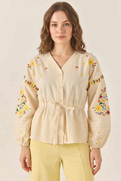 Efnaz style Women's V-Neck Embroidered Waist-Tied Linen Beige Shirt with Elas...