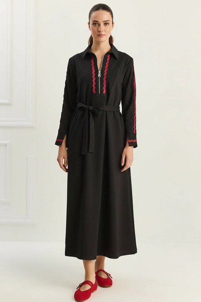 Efnaz style Women's Zippered Flowy Long Black Dress with Belt