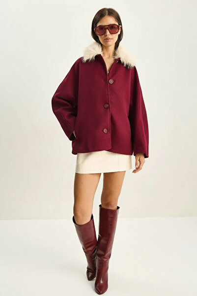 Efnaz style Women's Mobile Fur Collar Pocket Detailed Lined Cashmere Plum Coat
