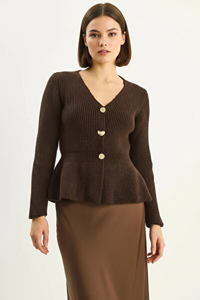 Generic Brand Women's Buttoned Waist-Fitted Pleated Bitter Brown Cardigan